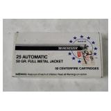 Winchester 25 Auto Ammo, 20 Bullets
