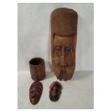Vtg Carved Wood Masks & Tiki Mug