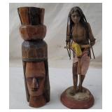 Carved Wood Todem Pole & Terracotta Figurine
