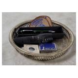 Tray W/ Vtg Items - Lighter Flashlight Patches Etc