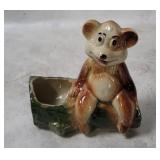 Vtg Bear On Log Ceramic Planter