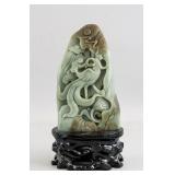 Chinese Green Jade Carved Boulder with Stand