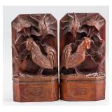 Chinese Rosewood Carved Rooster Bookends 2 PC