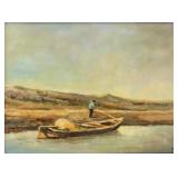 Artist Signed Oil on Board Boat Landscape