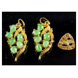 14K Good Year Brooch & Pair Green Hardstone Brooch