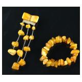 2Pc Butterscotch Amber Bracelet & Brooch Silver MK