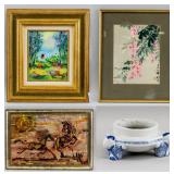 3 Assorted Decorative Paintings & 1 Porcelain