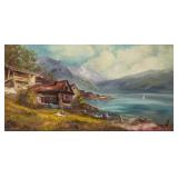 Continental Oil on Canvas Cottage Lake Scene
