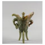 Chinese Rare Green Jade Archaistic Jue Wine Cup
