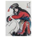 Chinese Watercolor Girl Paper Scroll Artist Signed