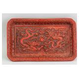 Chinese Red Lacquer Carved Dragons Tray