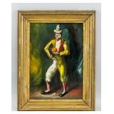 Spanish Portrait of Clown Oil on Panel Framed