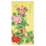 Meng Tang Chinese Watercolor Scroll Peonies