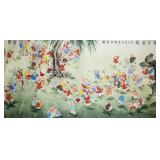 Chinese Watercolor 100 Boys on Paper Roll Signed