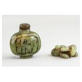 Chinese Green Hardstone Snuff Bottle & Statue