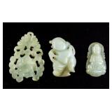 3 Assorted Chinese Green Jade Pendants & Miniature