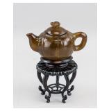 Chinese Brown Jade Carved Teapot with Stand