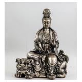 Chinese Silvered Manjushri Statue with Marks