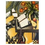 Oil Canvas Cubist Interior Scene Signed Illegibly