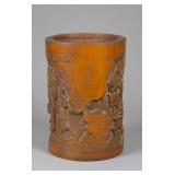 Bamboo Carved Brushpot Deer Signed Shi Qi Ji