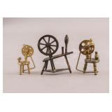Vintage Brass Carved Miniature Spinning Wheels 3pc