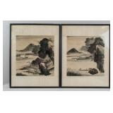 Framed Korean/Chinese WC on Paper Landscape Pair