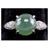 Chinese Green Jadeite Sterling Silver Ring CERT