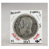 1869 Belgian 5 Francs Coin