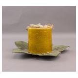 Yellow Pillar Candle w/ Leaf Shape Metal Holder