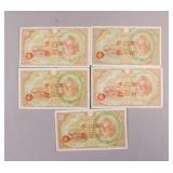 1945 WW2 Japanese Military Red Banknotes 5pc