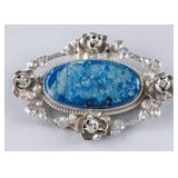 German Sterling Silver Oval Blue Gem Set Brooch