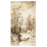 French Watercolor Landscape on Paper Framed