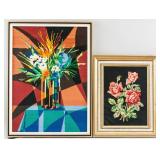 Lot of 2 Embroidery Panel with Frame Flowers