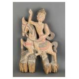 Thai Old Wood Carved Man on Horse with Colour