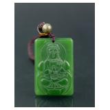 Chinese Green Hardstone Carved Guanyin Pendant