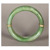 Chinese Double 14K Gold Linked Green Jade Bangle