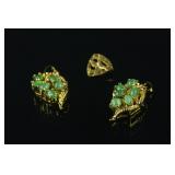 14K Good Year Brooch & Pair Green Hardstone Brooch
