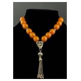 Chinese Amber Necklace with Silver Beads & Pendant
