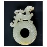 Chinese 17-18th C Hetian White Jade Chilong Disk