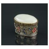 Chinese Silver Cloisonne Cosmetic Box Jade Cover