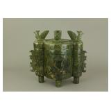 Chinese Archaistic Green Hardstone Censer w/ Cover