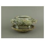 Old Archaic Green Jade Carved Censer With Stand