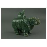 Chinese Green Jade Carved Rhino Vase with Cover