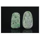 2 Pc Chinese Green Jade Qilin & Guanyin Pendants