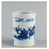 Chinese Blue & White Porcelain Brushpot Kangxi Mk