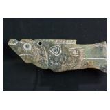 Chinese Green Jade Carved Archaistic Fish Pendant