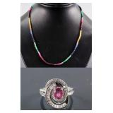 Set of Ruby Ring & Multi-Gem Necklace