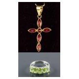 Set of Peridot Ring & Ruby Cross Pendant