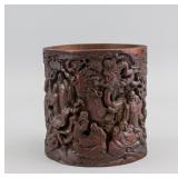 Chinese Bamboo Carved 18 Lohans Brush Pot