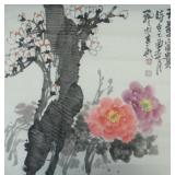 Han Zhe 20thC Chinese Watercolor Peonies & Prunus